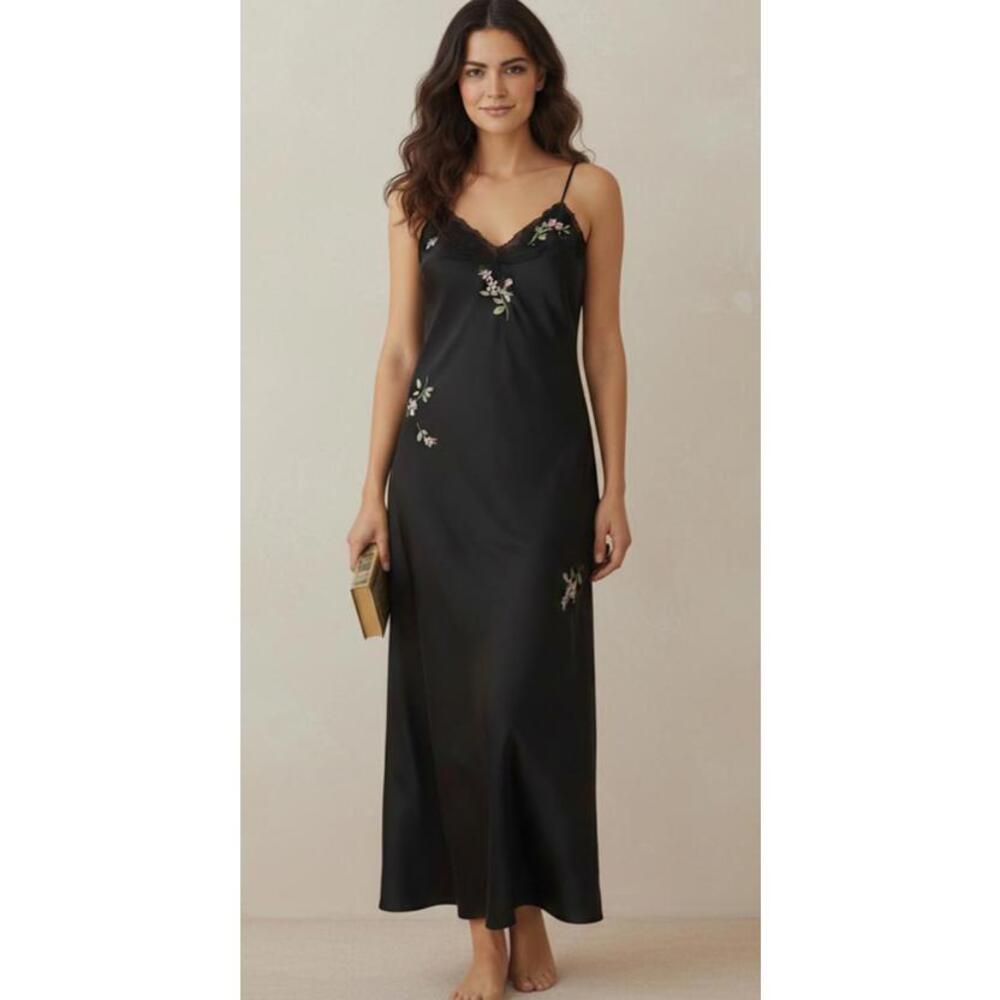 Vintage Oscar de la Renta chemise slip dress black & floral embroidery size S
